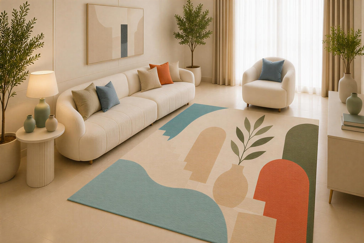 ICE ARMOR 5' x 7' Scandinavian Abstract Area Rug, Blue Terracotta Modern Vase and Leaf Design for Living Room Bedroom Office, Non-Slip Silicone Backing, Low Pile Carpet