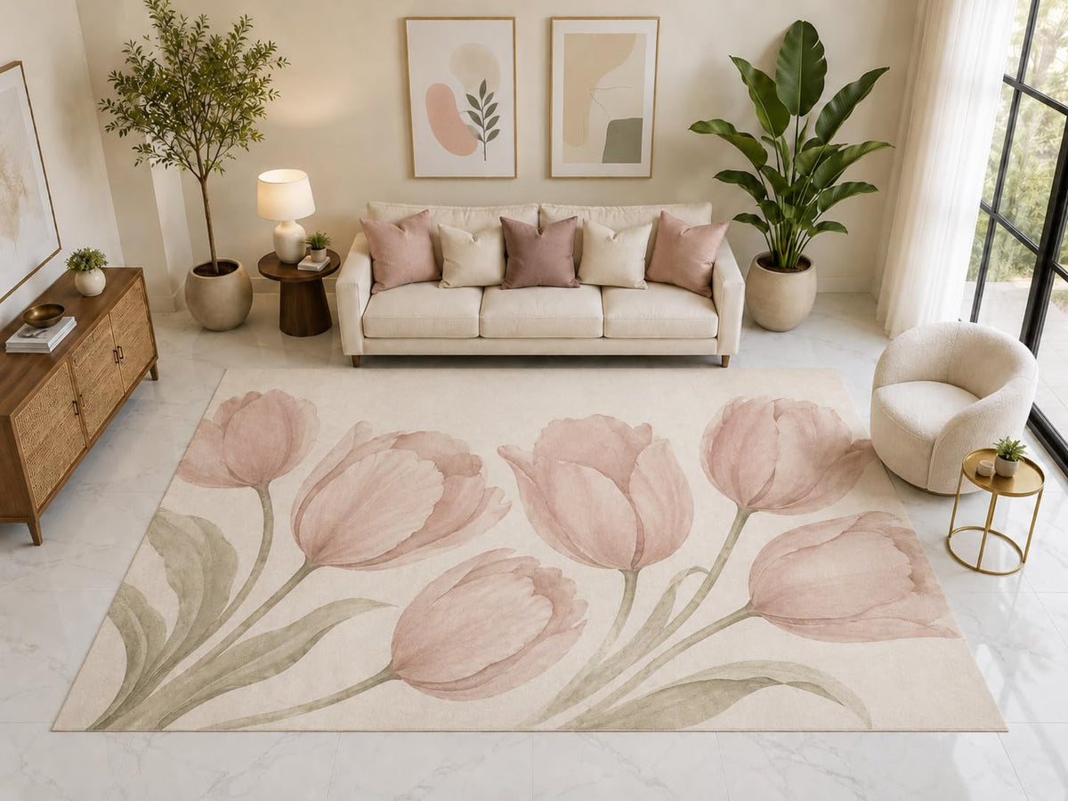 ICE ARMOR "Ultra Light Weight Large 6'7" x 9'10" Pink Tulip Garden Rug, Soft Low Pile Indoor Rug, Non-Slip Silicone Backing for Living Room Pink