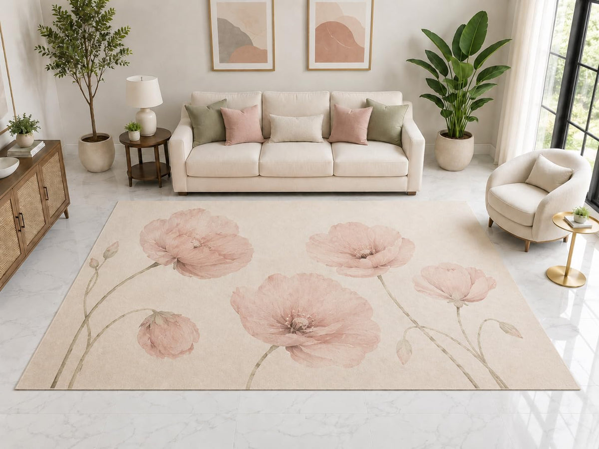 ICE ARMOR "Ultra Light Weight Large 6'7" x 9'10" Pink Poppy Rug, Soft Low Pile Indoor Rug, Non-Slip Silicone Backing for Living Room Blush Pink