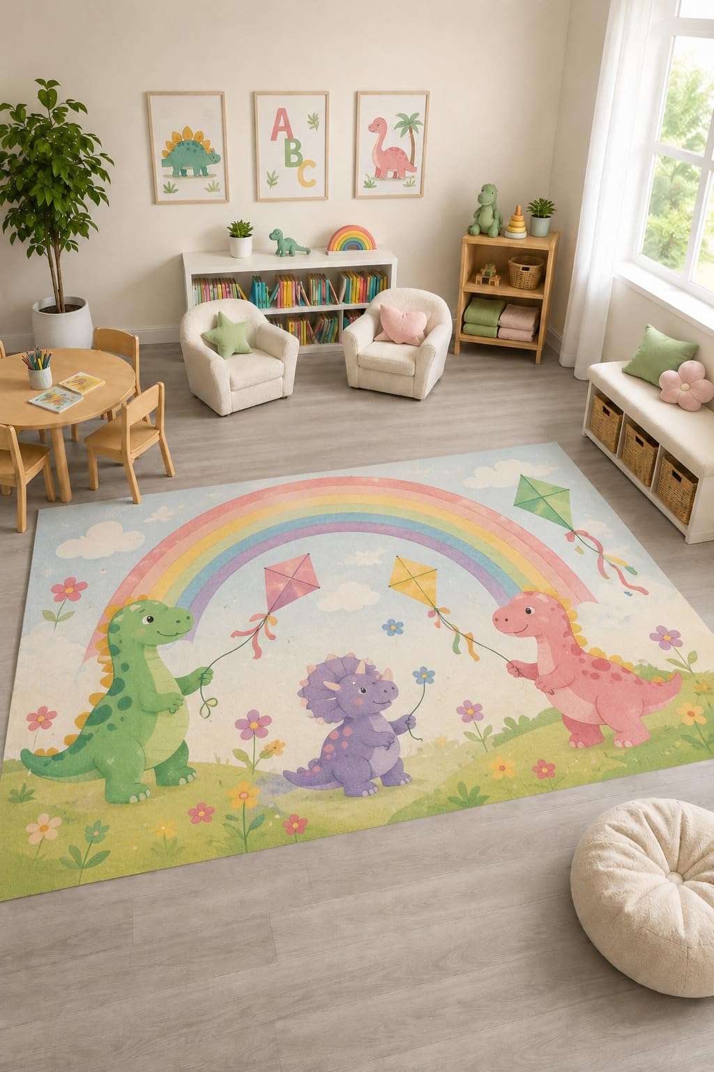 ICE ARMOR "Ultra Light Weight Large 6'7" x 9'10" Dinosaur Kite Rug, Soft Low Pile Indoor Rug, Non-Slip Silicone Backing Nursery Kids Playroom Pastel