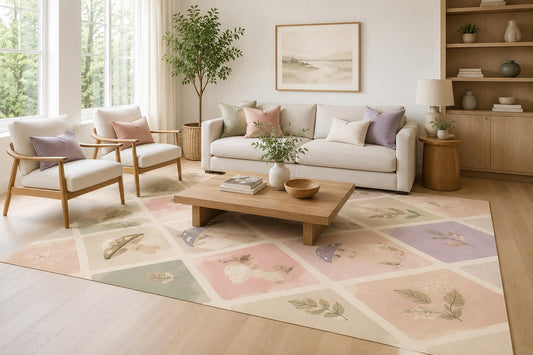 ICE ARMOR Large 6'7" x 9'10" Blush and Lavender Forest Tiles Area Rug for Living Room, Soft Low Pile Carpet with Non-Slip Silicone Backing, Decor for Bedroom, Dining Area and Home Office