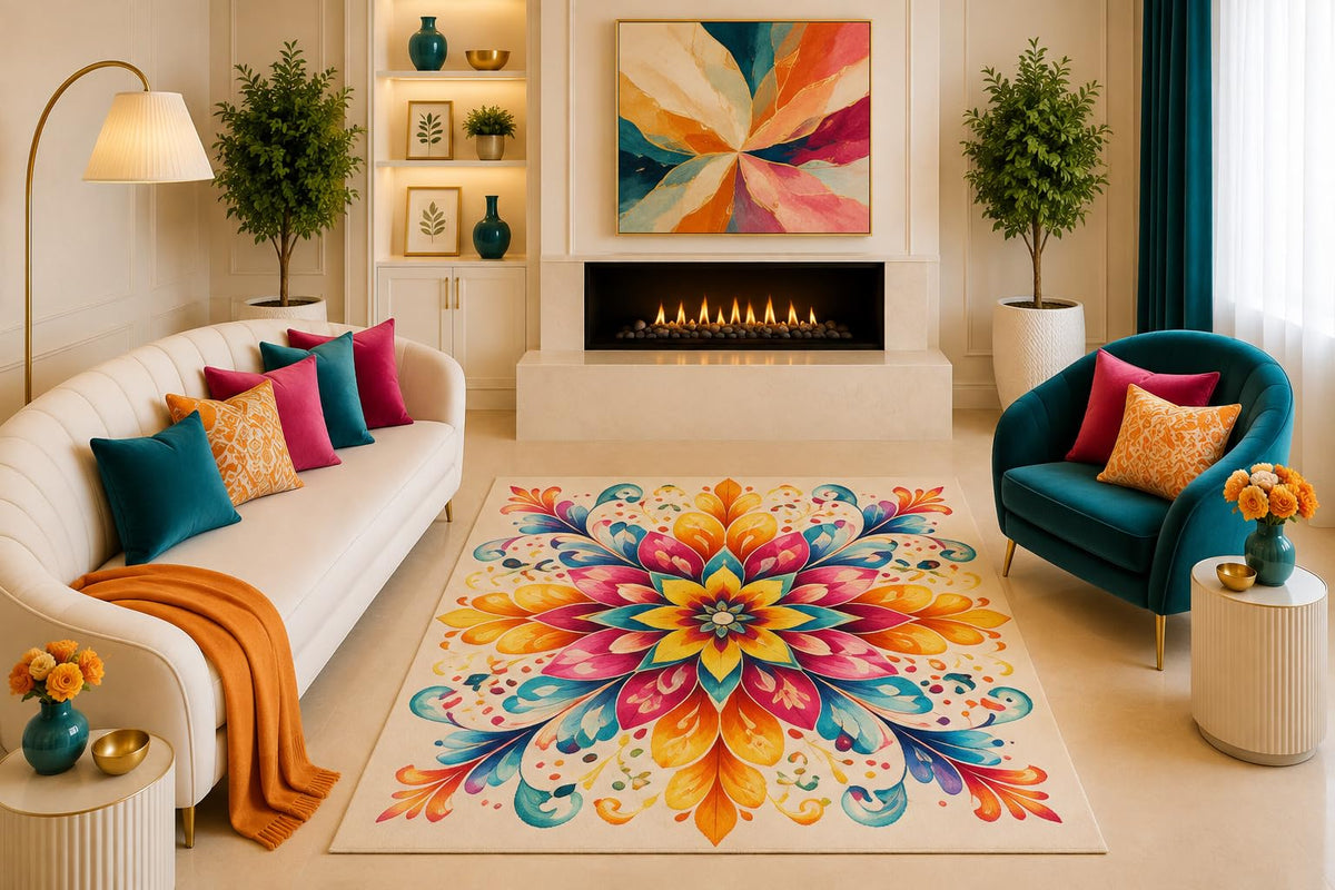 ICE ARMOR "Ultra Light Weight 5' x 7' Colorful Boho Floral Mandala Area Rug Teal Orange Pink Medallion Living Room Bedroom Dining Room Non-Slip Silicone Backing Low Pile