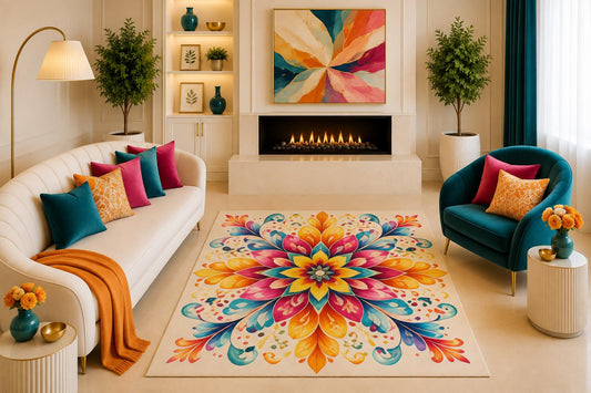 ICE ARMOR "Ultra Light Weight 5' x 7' Colorful Boho Floral Mandala Area Rug Teal Orange Pink Medallion Living Room Bedroom Dining Room Non-Slip Silicone Backing Low Pile
