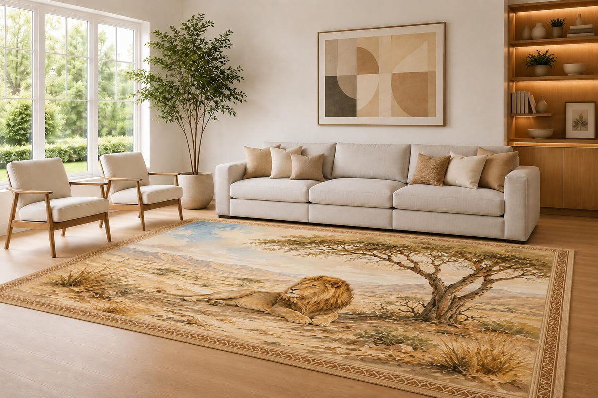 ICE ARMOR Large 6'7" x 9'10" Beige and Cream Resting Lion Area Rug for Living Room, Soft Low Pile Carpet with Non-Slip Silicone Backing, Decor for Bedroom Dining Room and Home Office