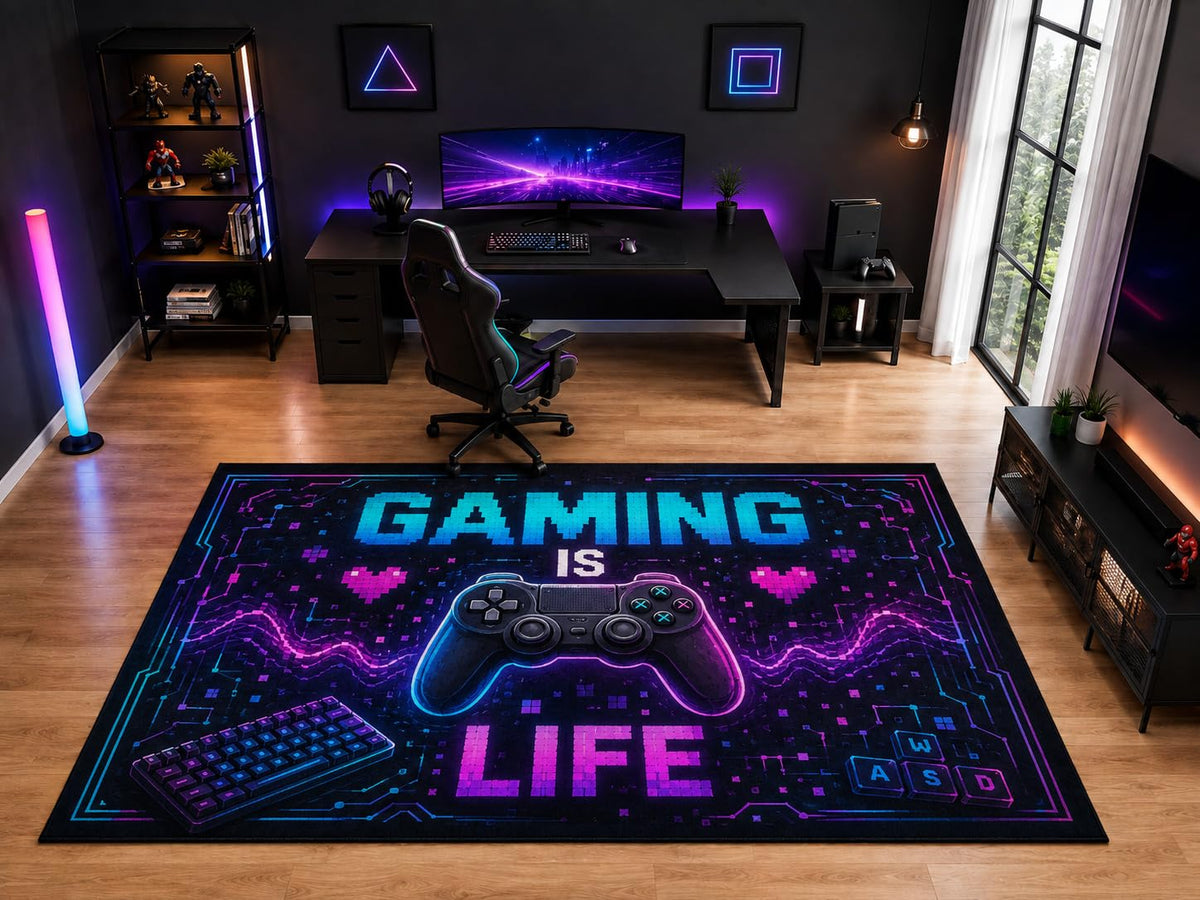 ICE ARMOR "Ultra Light Weight Large 6'7" x 9'10" Gaming is Life Controller Keyboard Area Rug for Kids Room, Soft Low Pile Indoor Rug and Non-Slip Silicone Backing, Black