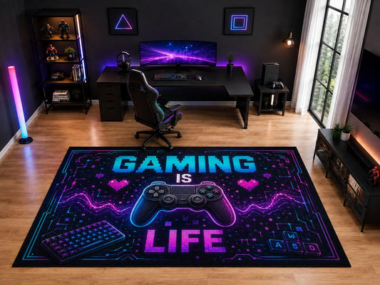 ICE ARMOR "Ultra Light Weight Large 6'7" x 9'10" Gaming is Life Controller Keyboard Area Rug for Kids Room, Soft Low Pile Indoor Rug and Non-Slip Silicone Backing, Black