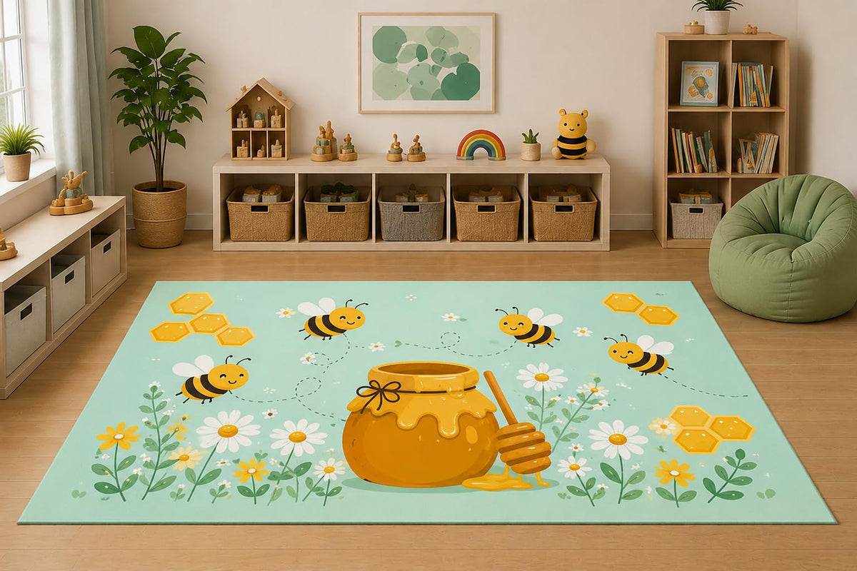ICE ARMOR 5' x 7' Honey Pot Bee Garden Area Rug for Kids Playroom Nursery Bedroom, Pastel Floral Honeycomb Cartoon Nature Decorative Carpet, Non-Slip Silicone Backing Low Pile