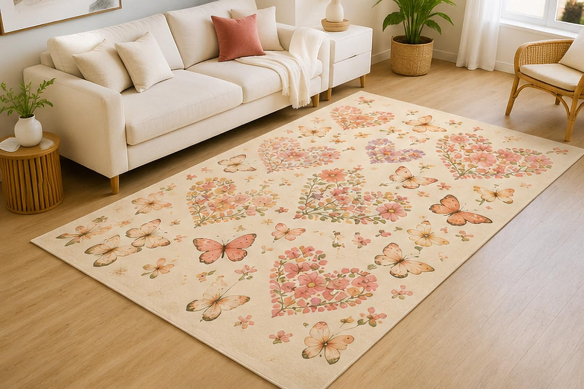 ICE ARMOR 5' x 7' Butterfly Floral Hearts Area Rug for Living Room, Soft Low Pile Indoor Rug with Non-Slip Silicone Backing, Decorative Carpet for Bedroom, Nursery, Playroom, Kids & Pets, Pink