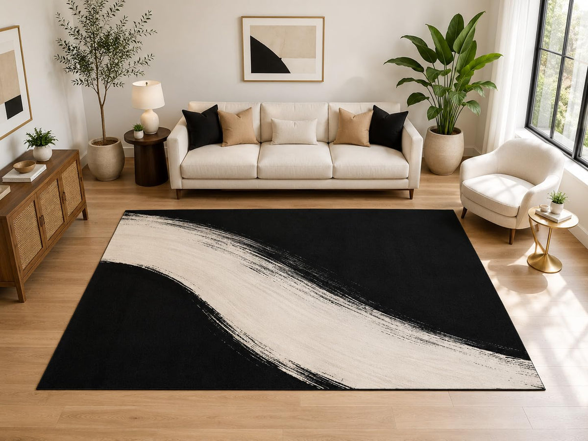 ICE ARMOR Large 6'7" x 9'10" Abstract Brushstroke Wave Area Rug for for Bedroom, Living Room, Soft Low Pile Indoor Rug with Non-Slip Silicone Backing, Black Ivory