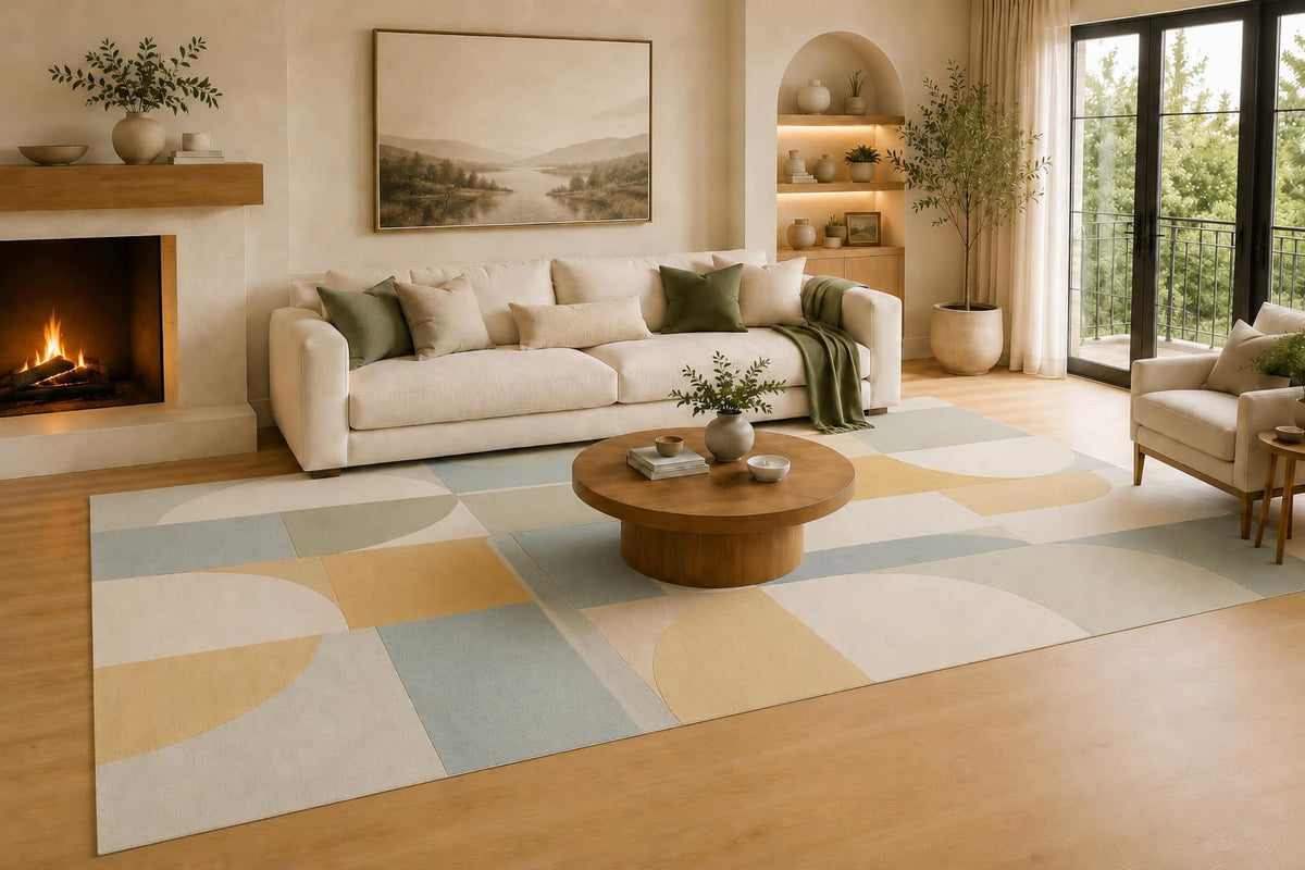 ICE Armor Large 6'7" x 9'10" Sage Green and Ivory Modern Curved Geometric Area Rug for Living Room, Soft Low Pile Carpet with Non-Slip Silicone Backing, Decor for Bedroom, Dining Area and Home Office