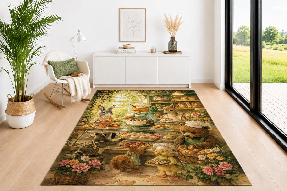 ICE ARMOR 5' x 7' Woodland Bakery Animal Area Rug, Soft Low Pile Non-Slip Indoor Carpet with Cute Forest Friends Design for Living Room, Bedroom, Office, Dining Room