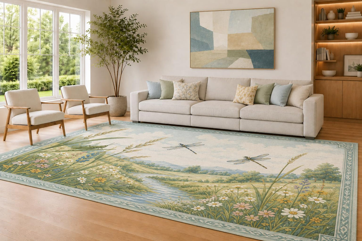 ICE ARMOR Large 6'7" x 9'10" Sky Blue and Sage Meadow Stream Area Rug for Living Room, Soft Low Pile Carpet with Non-Slip Silicone Backing, Decor for Bedroom and Home Office