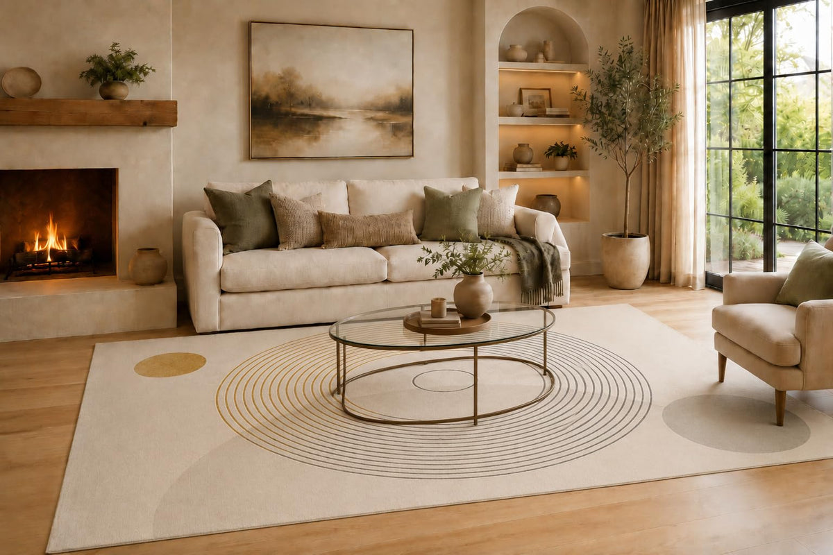 ICE ARMOR Large 6'7" x 9'10" Cream and Beige Concentric Circle Balance Area Rug for Living Room, Soft Low Pile Carpet with Non-Slip Backing for Bedroom, Dining Room and Office