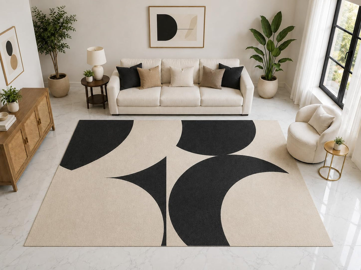 ICE ARMOR "Ultra Light Weight Large 6'7" x 9'10" Black Abstract Curve Rug, Soft Low Pile Indoor Rug, Non-Slip Silicone Backing Living Room Black