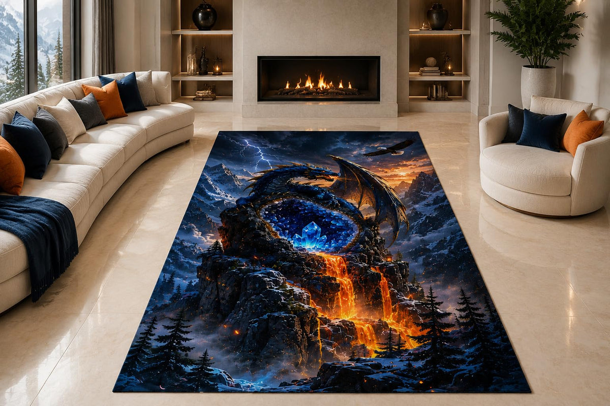 ICE ARMOR "Ultra Lightweight Large 6'7" x 9'10" Lava Winged Dragon Area Rug for Living Room, Bedroom and Home Office, Soft Low Pile Carpet with Non-Slip Silicone Backing, Blue and Orange