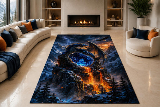 ICE ARMOR "Ultra Lightweight Large 6'7" x 9'10" Lava Winged Dragon Area Rug for Living Room, Bedroom and Home Office, Soft Low Pile Carpet with Non-Slip Silicone Backing, Blue and Orange