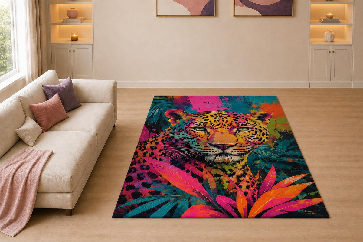 ICE ARMOR "Ultra Thin 5' x 7" Pop Art Leopard Area Rug for Living Room, Bedroom and Home Office, Soft Low Pile Carpet with Non-Slip Silicone Backing, Pink and Teal