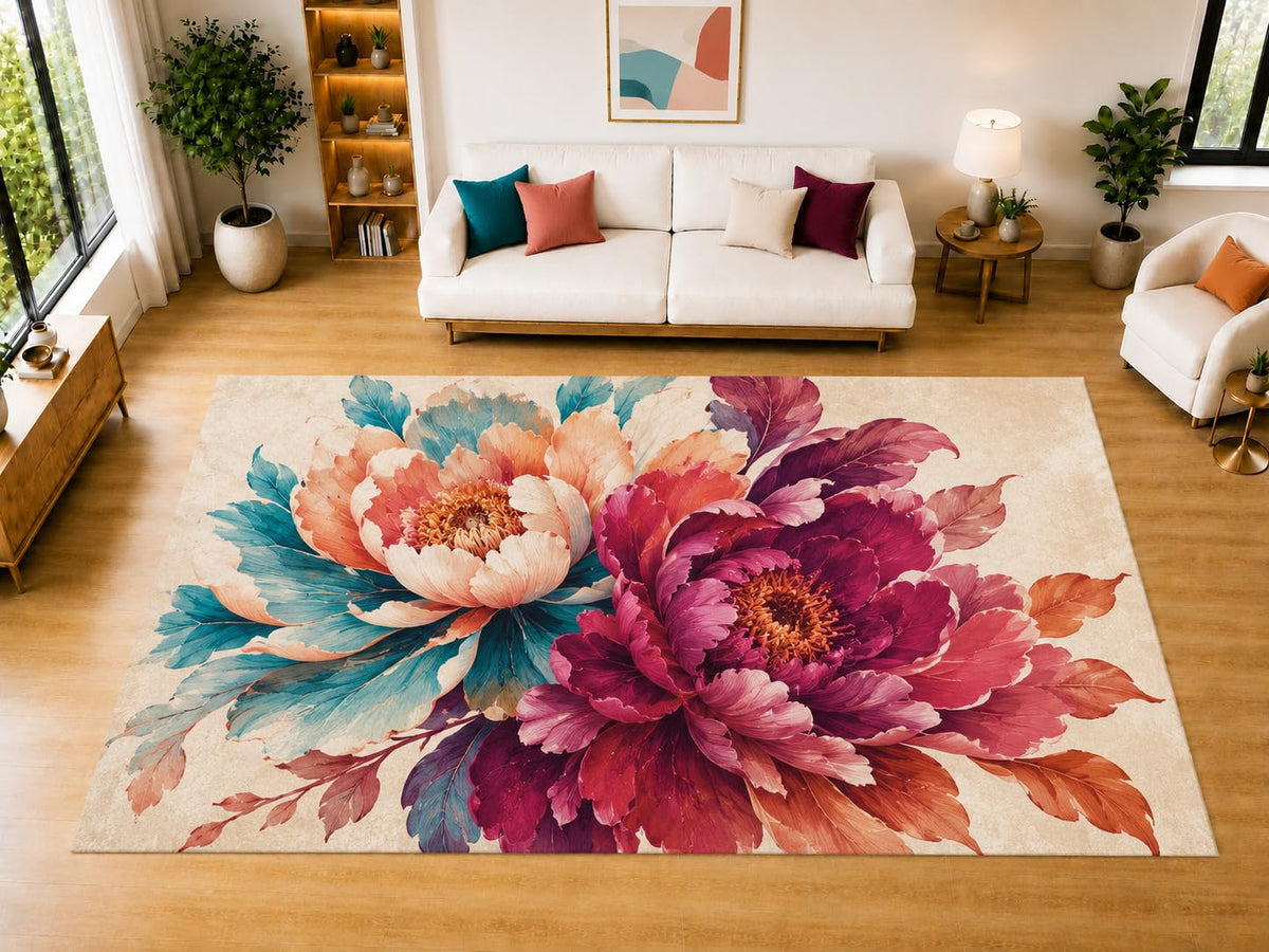 ICE ARMOR "Ultra Light Weight Large 6'7" x 9'10" Peony Pair Area Rug for Living Room Bedroom Dining Room, Soft Low Pile Non-Slip Backing, Burgundy Coral Teal Cream Floral Decor