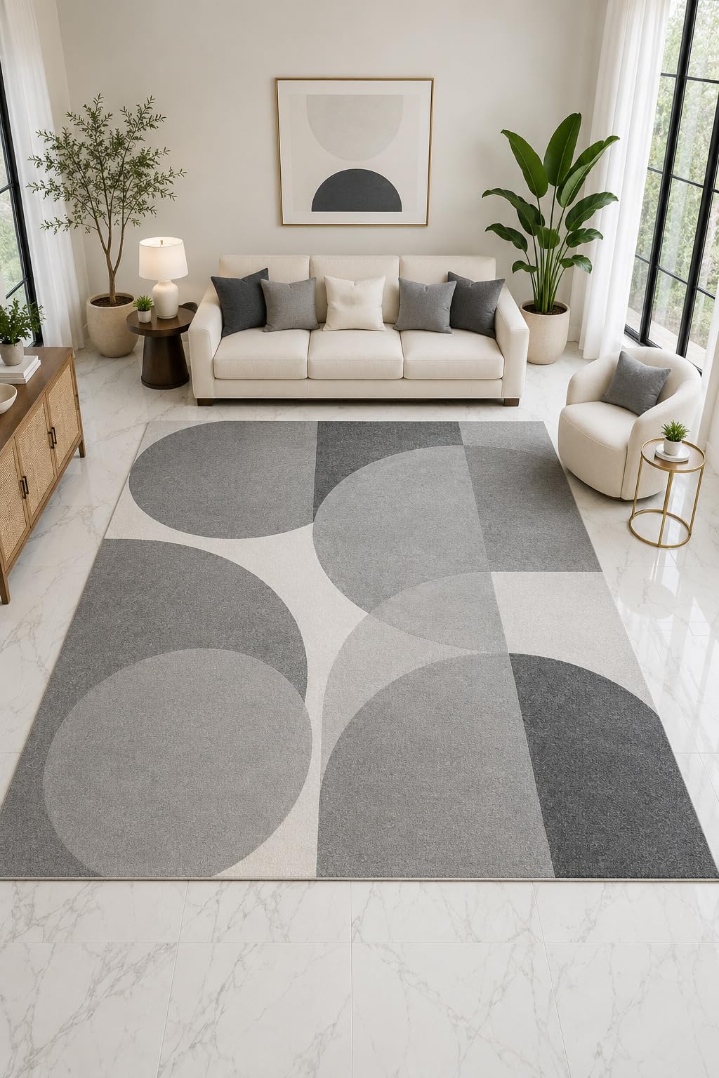 ICE ARMOR "Ultra Light Weight Large 6'7" x 9'10" Modern Abstract Circle Rug, Soft Low Pile Indoor Rug, Non-Slip Silicone Backing Living Room Gray