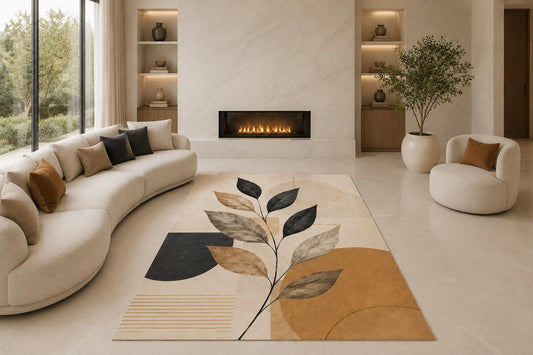ICE ARMOR "Ultra Lightweight Large 6'7" x 9'10" Geometric Leaf Stem Area Rug for Living Room, Bedroom and Home Office, Soft Low Pile Carpet with Non-Slip Silicone Backing, Black and Beige