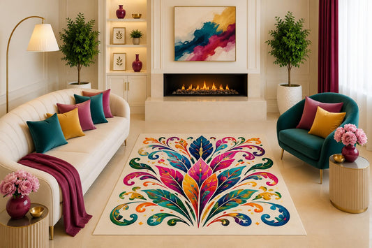 ICE ARMOR "Ultra Light Weight 5' x 7' Colorful Folk Floral Area Rug Boho Botanical Leaves Scroll Art Decor for Living Room Bedroom Entryway Non-Slip Silicone Backing Low Pile