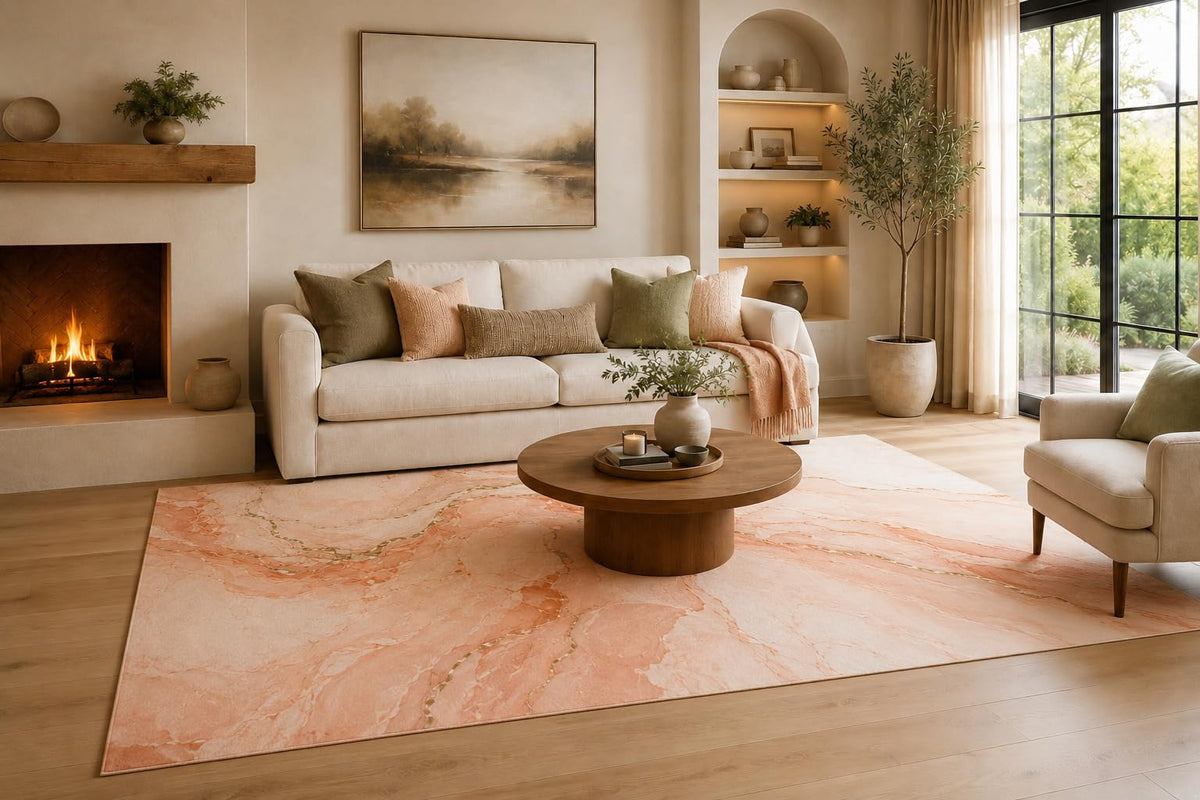 ICE ARMOR Large 6'7" x 9'10" Coral and Cream Marble Vein Flow Area Rug for Living Room, Soft Low Pile Carpet with Non-Slip Silicone Backing, Decor for Bedroom and Home Office