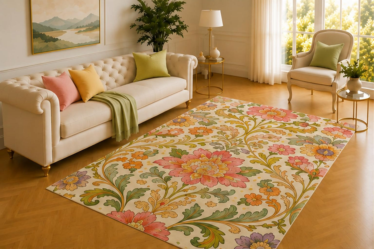 ICE ARMOR 5' x 7' Ornamental Floral Rug, Coral and Lavender Flowers with Sweeping and Green Vines, Graceful Accent for Bedroom, Dining Room or Hallway