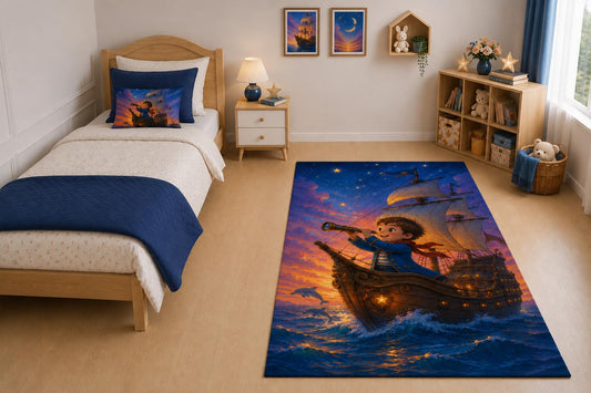 ICE ARMOR "Ultra Light Weight 5' x 7' Captain Ship Area Rug for Living Room, Bedroom and Home Office, Soft Low Pile Carpet with Non-Slip Silicone Backing, Navy Blue and Orange