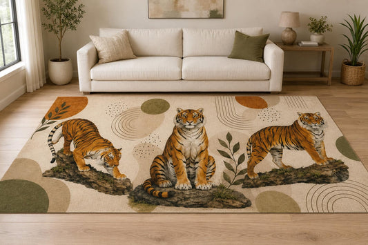 ICE ARMOR "Ultra Lightweight Large 6'7" x 9'10" Tiger Nature Trio Area Rug for Living Room, Bedroom and Home Office, Soft Low Pile Carpet with Non-Slip Silicone Backing, Orange and Beige