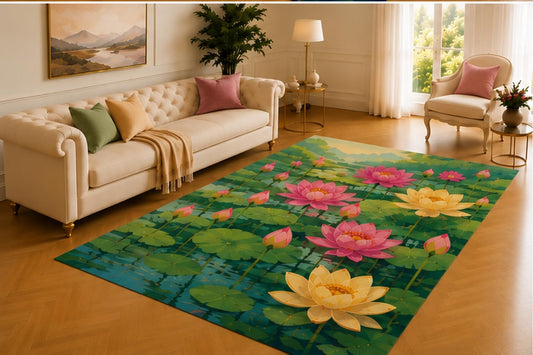 ICE ARMOR 5' x 7' Lotus Pond Rug, Pink and Golden Water Lilies with Green Pads on Teal Water, Serene Botanical Accent for Living Room, Bedroom, Sunroom or Meditation Space