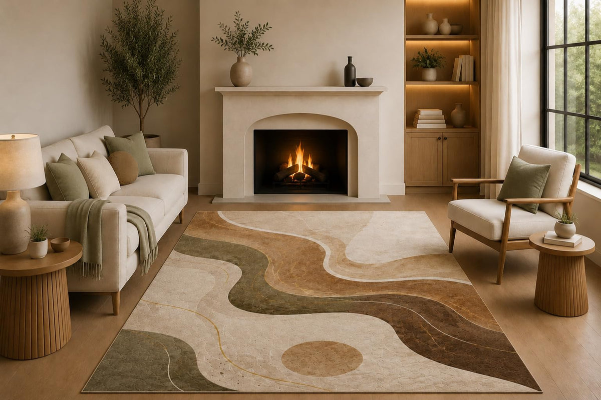ICE ARMOR 5' x 7' Modern Abstract Area Rug with Non-Slip Silicone Backing Low Pile Soft Carpet for Living Room Bedroom Office Earth Tone Geometric Wave Decor