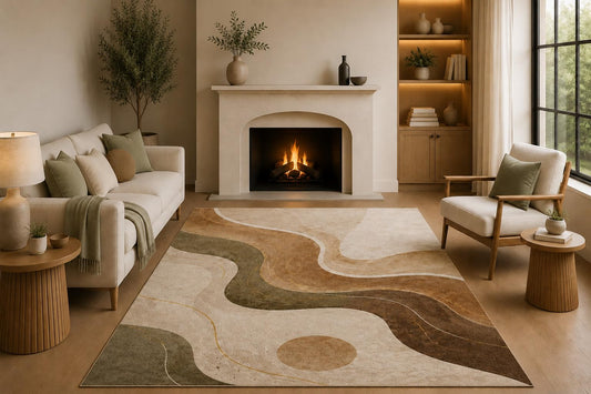 ICE ARMOR 5' x 7' Modern Abstract Area Rug with Non-Slip Silicone Backing Low Pile Soft Carpet for Living Room Bedroom Office Earth Tone Geometric Wave Decor