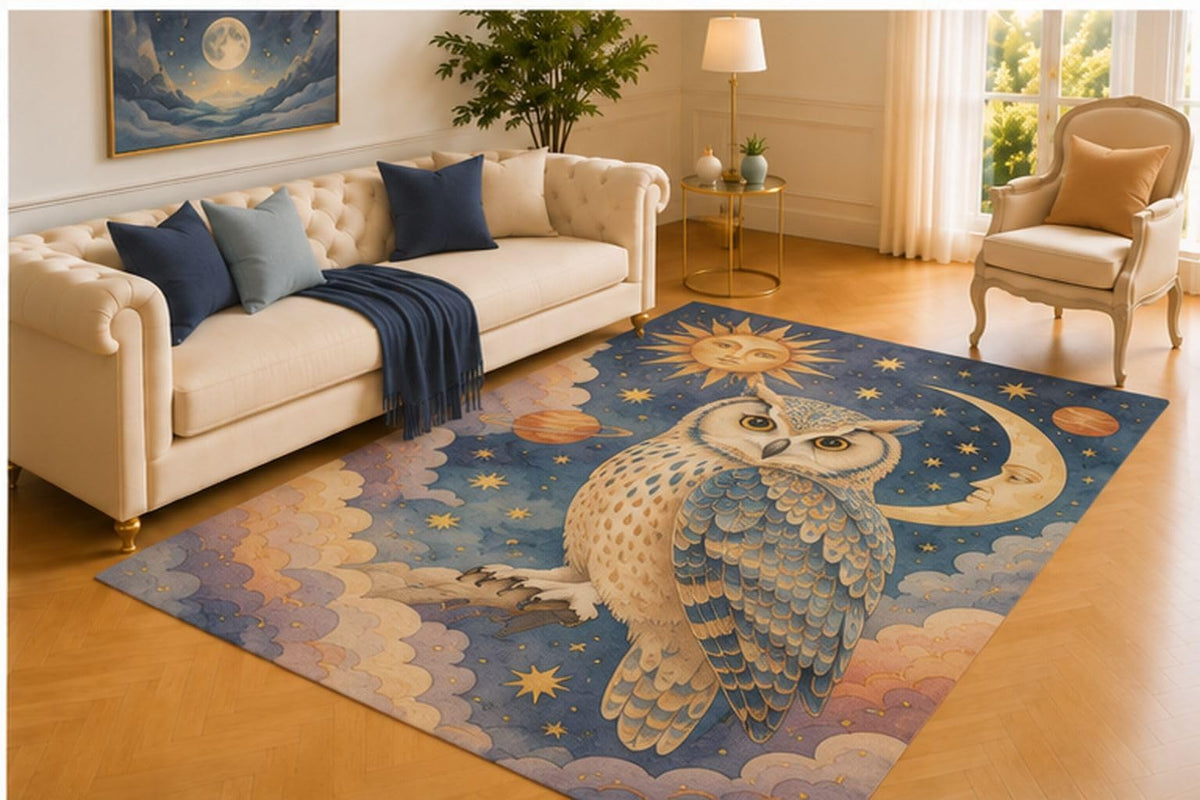 ICE ARMOR 5' x 7' Celestial Owl Rug, Mystical Bird Beneath Sun, Moon, Stars and Dreamy Clouds, Whimsical Floor Accent for Bedroom, Nursery or Meditation Space