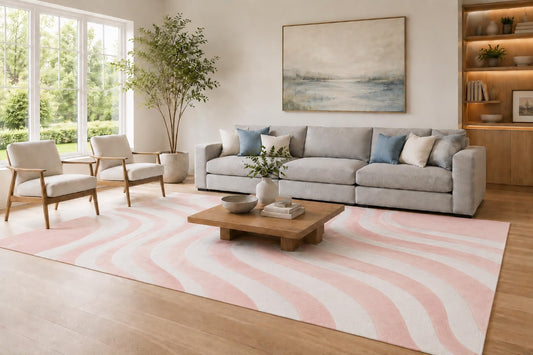 ICE ARMOR Large 6'7" x 9'10" Pink and White Minimalist Wavy Stripes Area Rug for Living Room, Soft Low Pile Carpet with Non-Slip Silicone Backing, Decor for Bedroom and Home Office
