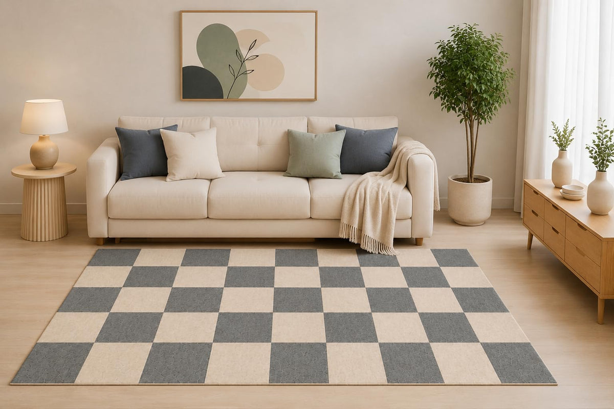 ICE ARMOR 5' x 7' Checkerboard Area Rug, Gray Beige Modern Square Tile Pattern for Living Room Bedroom Dining Room, Non-Slip Silicone Backing, Low Pile Carpet