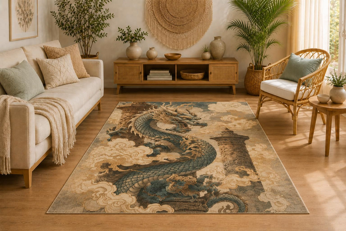 ICE ARMOR 5' x 7' Chinese Dragon Area Rug, Soft Low Pile Indoor Rug with Non-Slip Silicone Backing, Decorative Carpet for Living Room, Bedroom, Dining Room, Office, Traditional Oriental Art