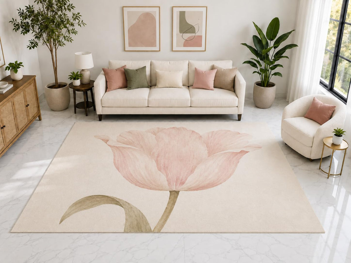 ICE ARMOR "Ultra Light Weight Large 6'7" x 9'10" Pale Pink Tulip Floral Rug, Soft Low Pile Indoor Rug, Non-Slip Silicone Backing for Bedroom Pink