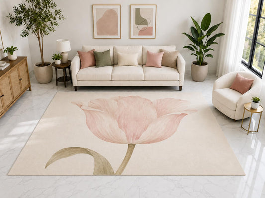 ICE ARMOR "Ultra Light Weight Large 6'7" x 9'10" Pale Pink Tulip Floral Rug, Soft Low Pile Indoor Rug, Non-Slip Silicone Backing for Bedroom Pink