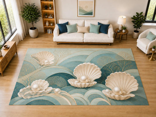 ICE ARMOR "Ultra Light Weight Large 6'7" x 9'10" Pearl Seashell Waves Area Rug for Dining, Living Room, Bedroom, Soft Low Pile Indoor Rug with Non-Slip Silicone Backing, Aqua Cream