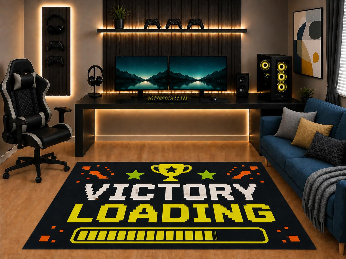 ICE ARMOR "Ultra Light Weight 5' x 7' Victory Loading Gaming Area Rug Retro Pixel Trophy Graphic for Boys Teen Bedroom Game Room Playroom Non-Slip Silicone Backing Low Pile