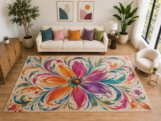 ICE ARMOR "Ultra Light Weight Large 6'7" x 9'10" Watercolor Bloom Rug, Soft Low Pile Indoor Rug, Non-Slip Silicone Backing for Living Room Beige