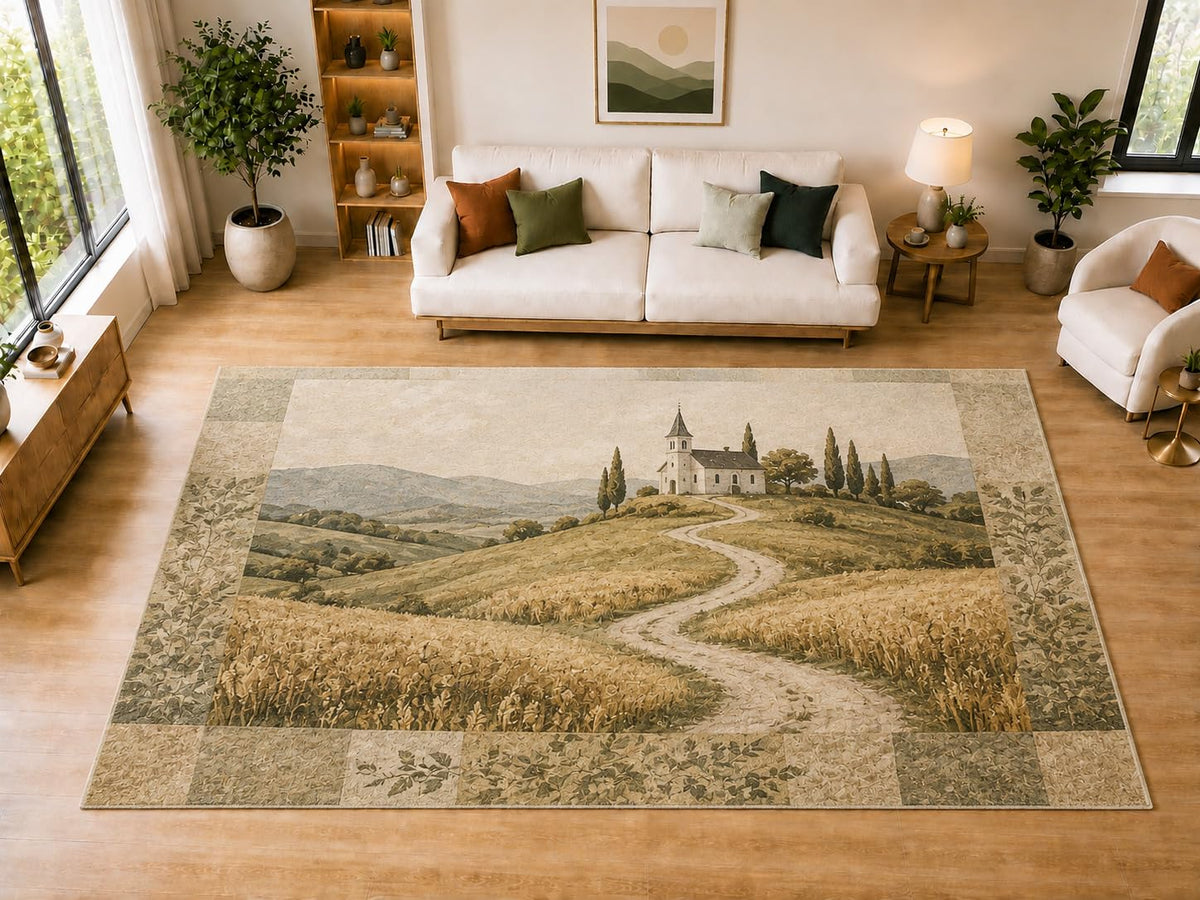 ICE ARMOR "Ultra Light Weight Large 6'7" x 9'10" Country Church Fields Area Rug for Dining, Living Room, Bedroom, Soft Low Pile Indoor Rug with Non-Slip Silicone Backing, Beige Olive