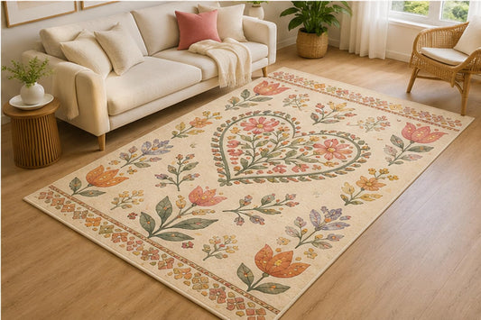 ICE ARMOR 5' x 7' Folk Art Floral Heart Area Rug for Living Room, Soft Low Pile Indoor Rug with Non-Slip Silicone Backing, Decorative Carpet for Bedroom, Dining Room, Family Room, Cream Multicolor