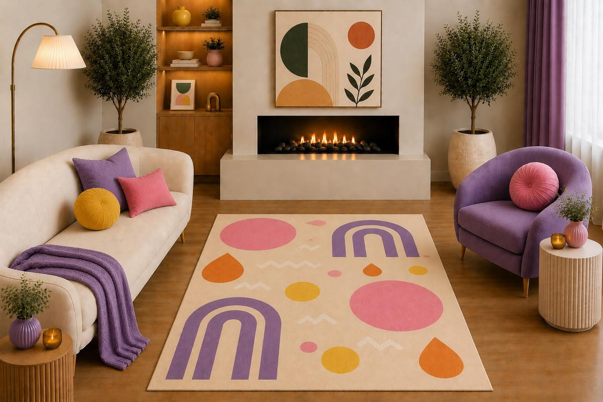 ICE ARMOR "Ultra Light Weight 5' x 7' Retro Geometric Area Rug Purple Pink Mustard Orange Rainbow Abstract Design for Living Room Bedroom Kids Room Non-Slip Silicone Backing Low Pile