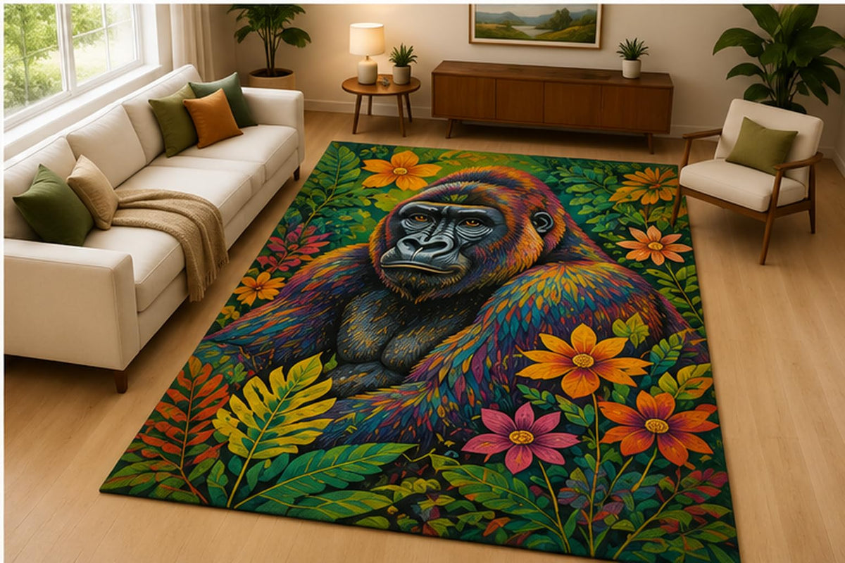 ICE ARMOR 5' x 7' Gorilla Jungle Floral Area Rug Soft Low Pile Indoor Rug with Non Slip Silicone Backing Tropical Wildlife Decor Carpet for Living Room Bedroom Family Room Kids and Pets Green