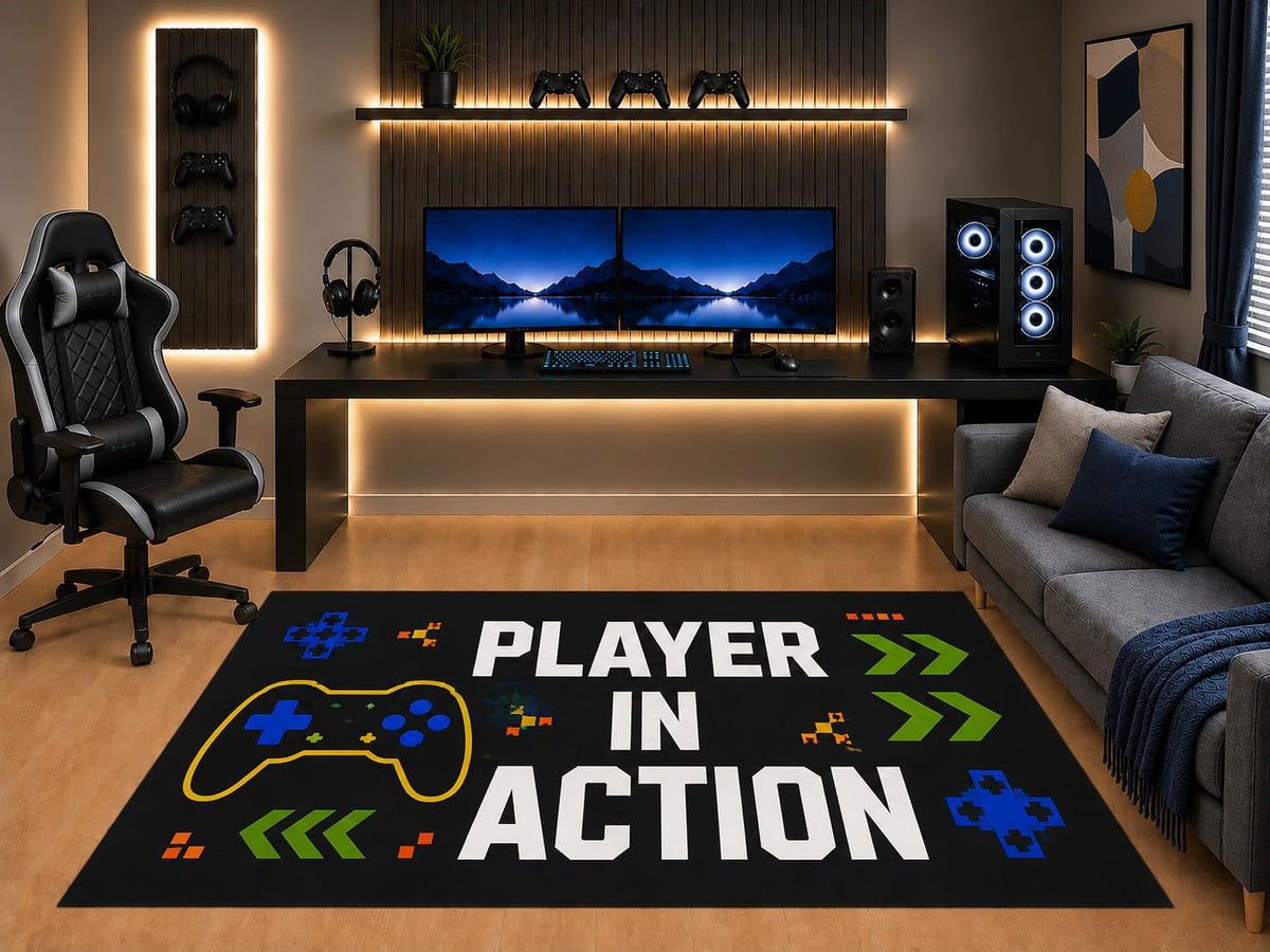 ICE ARMOR "Ultra Light Weight 5' x 7' Player in Action Gaming Area Rug Modern Controller Graphic for Boys Teen Bedroom Game Room Playroom Non-Slip Silicone Backing Low Pile
