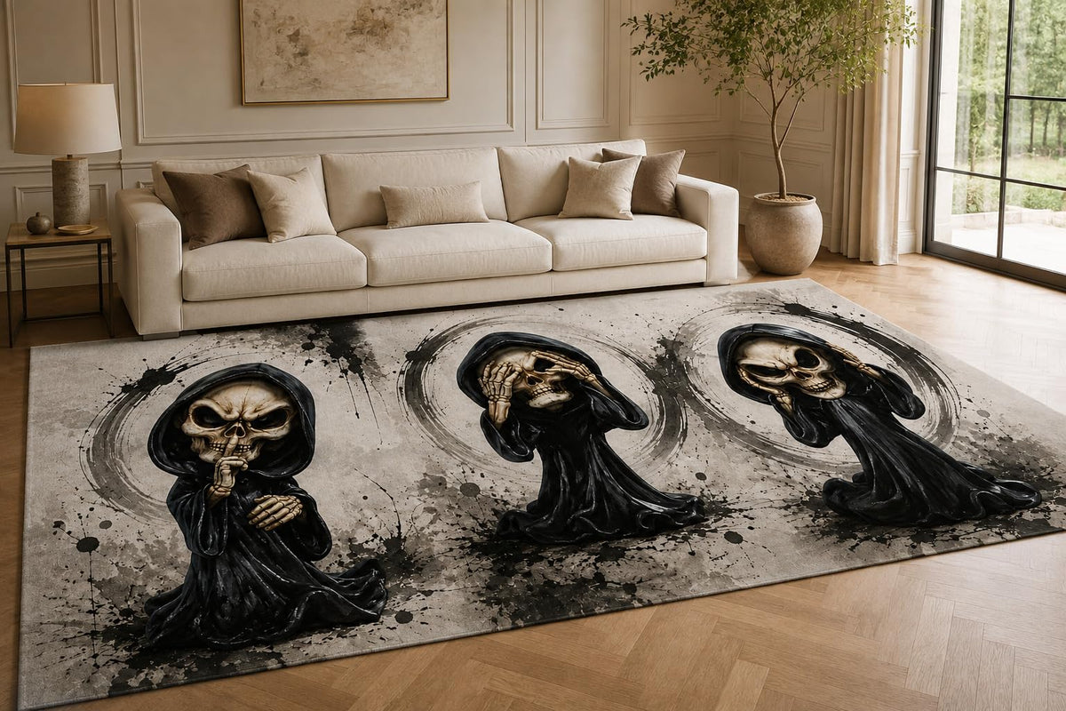 ICE ARMOR "Ultra Lightweight Large 6'7" x 9'10" Grim Reaper Trio Area Rug for Living Room, Bedroom and Home Office, Soft Low Pile Carpet with Non-Slip Silicone Backing, Black and Beige