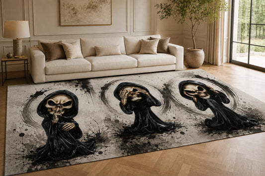 ICE ARMOR "Ultra Lightweight Large 6'7" x 9'10" Grim Reaper Trio Area Rug for Living Room, Bedroom and Home Office, Soft Low Pile Carpet with Non-Slip Silicone Backing, Black and Beige
