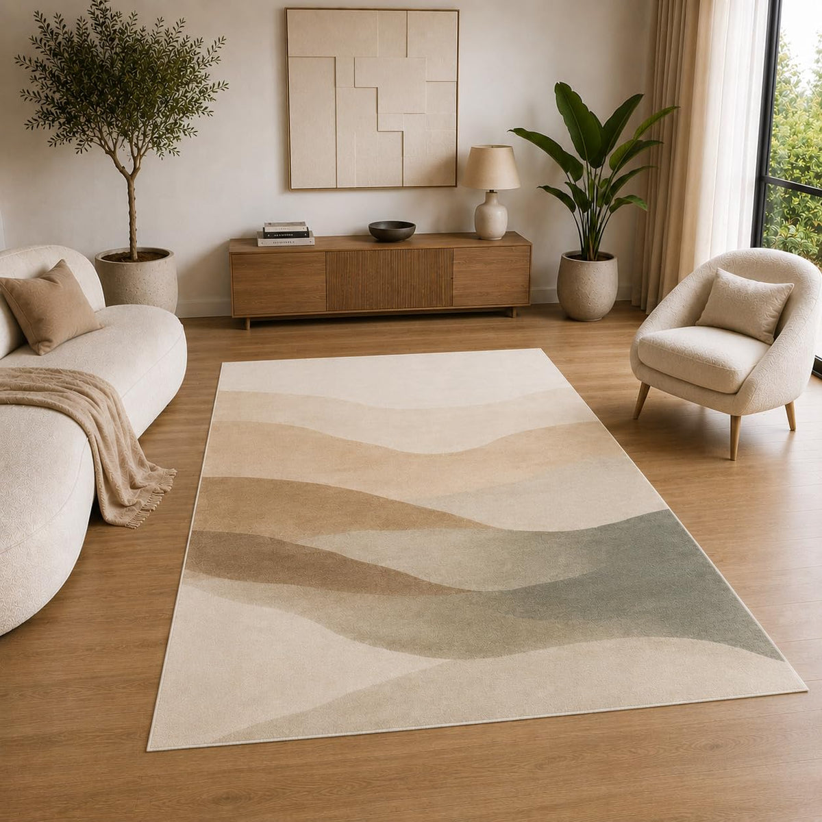 ICE ARMOR 5' x 7' Modern Neutral Wavy Area Rug for Living Room, Soft Low Pile Indoor Rug with Non-Slip Silicone Backing, Decorative Carpet for Bedroom, Office, Beige
