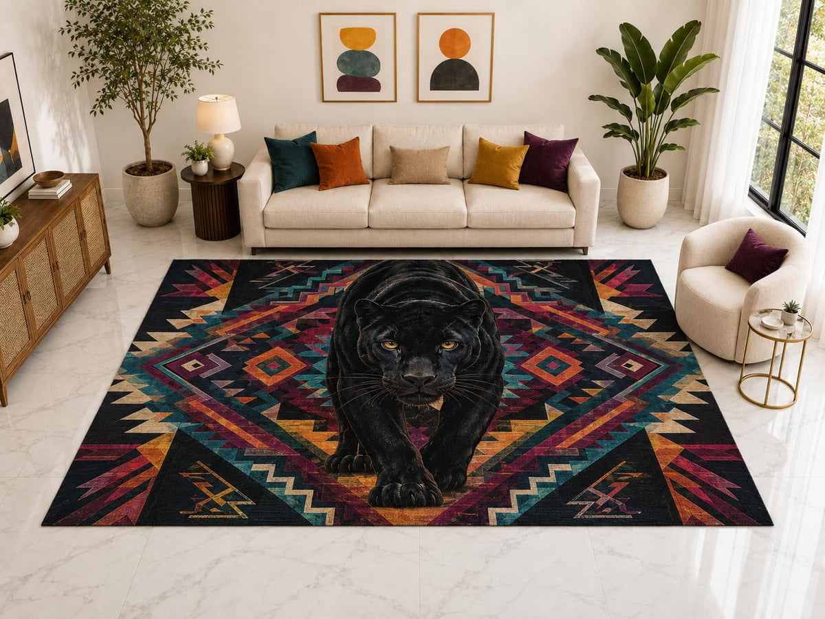 ICE ARMOR "Ultra Light Weight Large 6'7" x 9'10" Black Panther Tribal Rug, Soft Low Pile Indoor Rug, Non-Slip Silicone Backing for Bedroom Multicolor